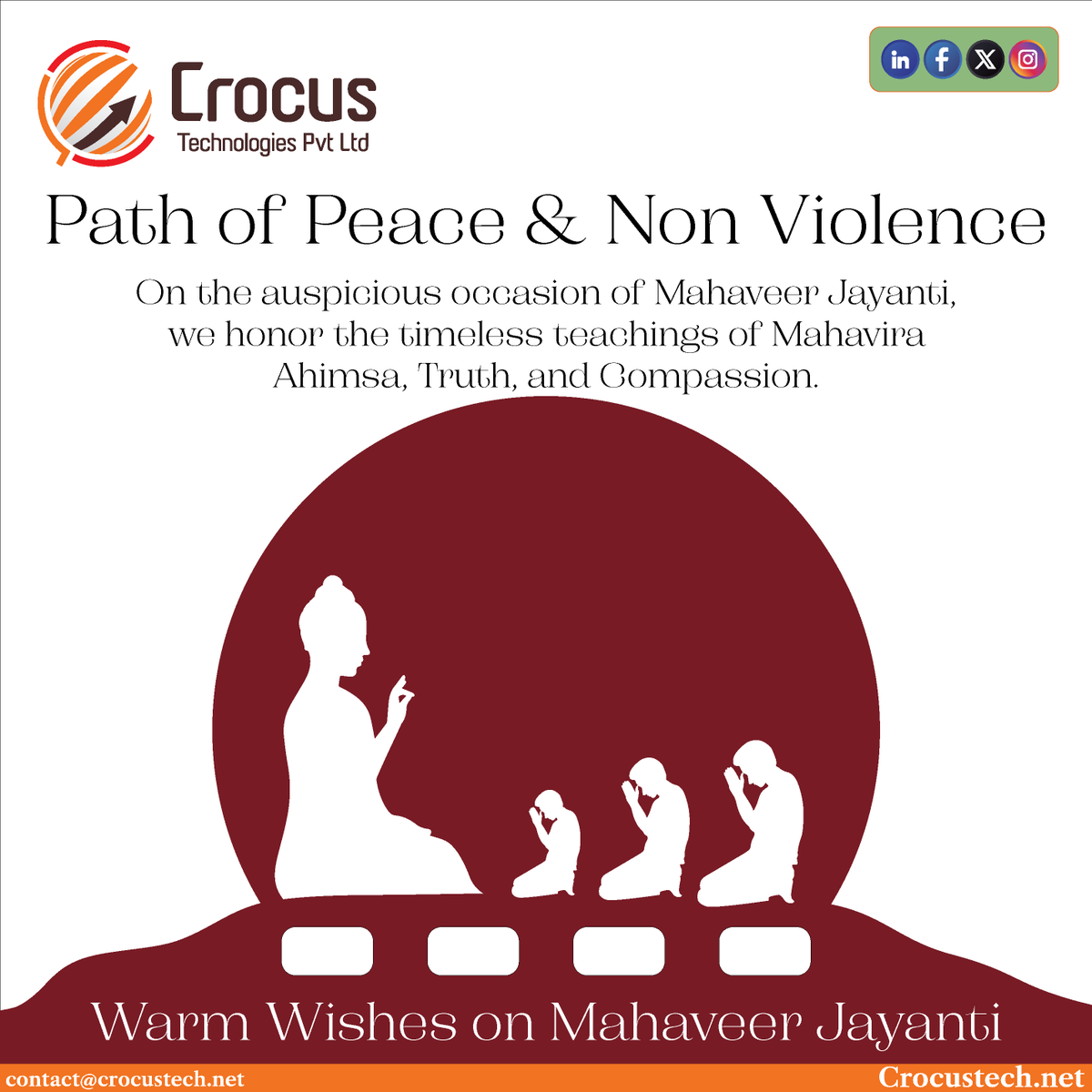 Crocus_tech's tweet photo. Walk the path of peace, truth &amp; non-violence.
Inspired by Mahavira this Mahaveer Jayanti 🙏
#MahaveerJayanti #Ahimsa #Peace #Truth #India #Festivals #PositiveVibes https://t.co/NUut0MCkaI