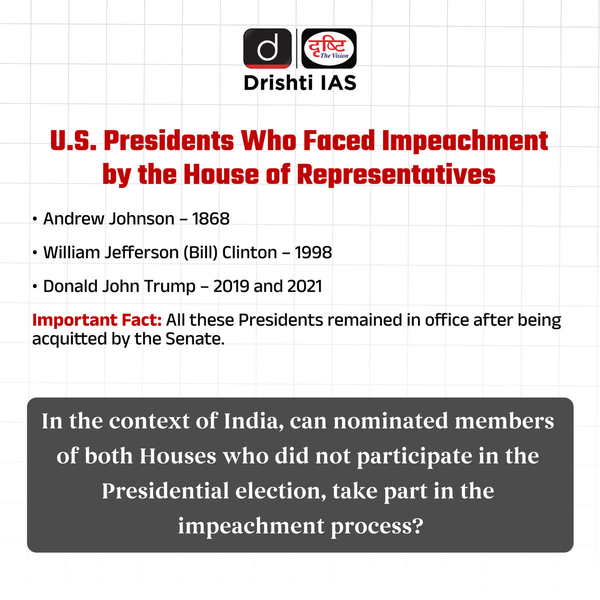 drishtiiaseng's tweet image. Impeachment ≠ Removal from office

In the United States, impeachment is only the process of bringing charges;
the final decision is made by the Senate.

History shows—
even after impeachment, a President can remain in office.

#Impeachment #USPolitics #Polity #Governance