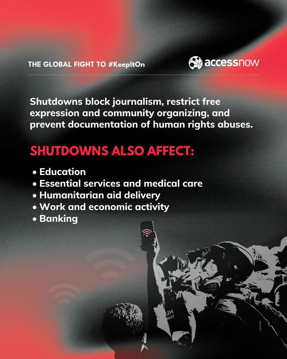 cipesaug's tweet photo. @accessnow  has released its 2025 report on internet shutdowns, revealing how governments continue to cut off access to information, silence dissent, and disrupt essential services. These blackouts affect millions, from students and journalists to small businesses, threatening human rights and economic stability. We must stand for an open and connected world. #KeepItOn! 
Read the full report :
https://t.co/VswobMMajH 💻🌍 #DigitalRights #InternetFreedomAfrica #HumanRights