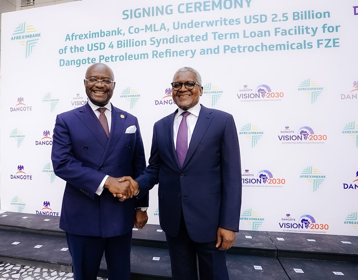 Afreximbank Underwrites US$2.5 Billion for <a href="/DangoteGroup/">Dangote Group</a> Refinery

Afreximbank is pleased to announce that it has underwritten US$2.5 billion in the US$4-billion senior syndicated term loan in favour of Dangote Petroleum Refinery and Petrochemicals FZE (DPRP).

The transaction