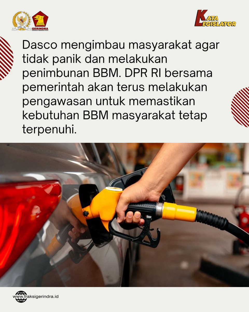 Fraksi_Gerindra's tweet photo. Wakil Ketua DPR RI Bapak Prof. H. Sufmi Dasco Ahmad Apresiasi Keputusan Pemerintah Tidak Menaikkan Harga BBM

📲 Baca selengkapnya di:
👉🏻 https://t.co/OJBinRpMYV https://t.co/xOg2yYF5l6