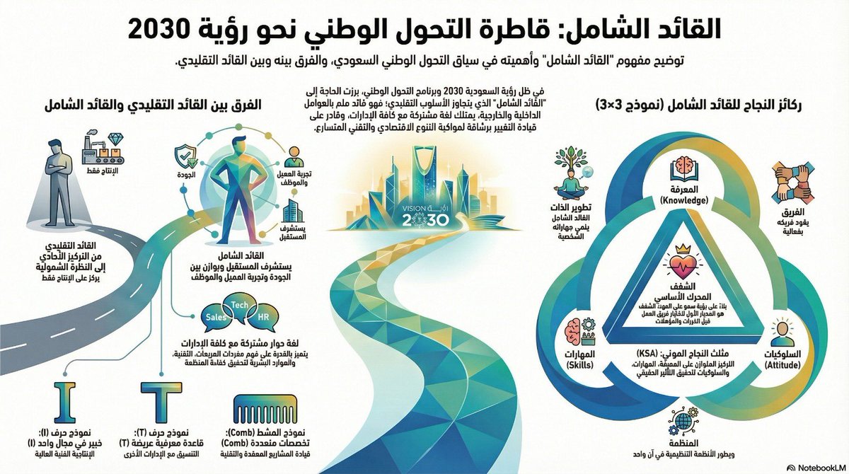 يتناول هذا المصدر المرئي مفهوم القائد الشامل ودوره المحوري كركيزة أساسية لتحقيق رؤية السعودية 2030 وبرنامج التحول الوطني.