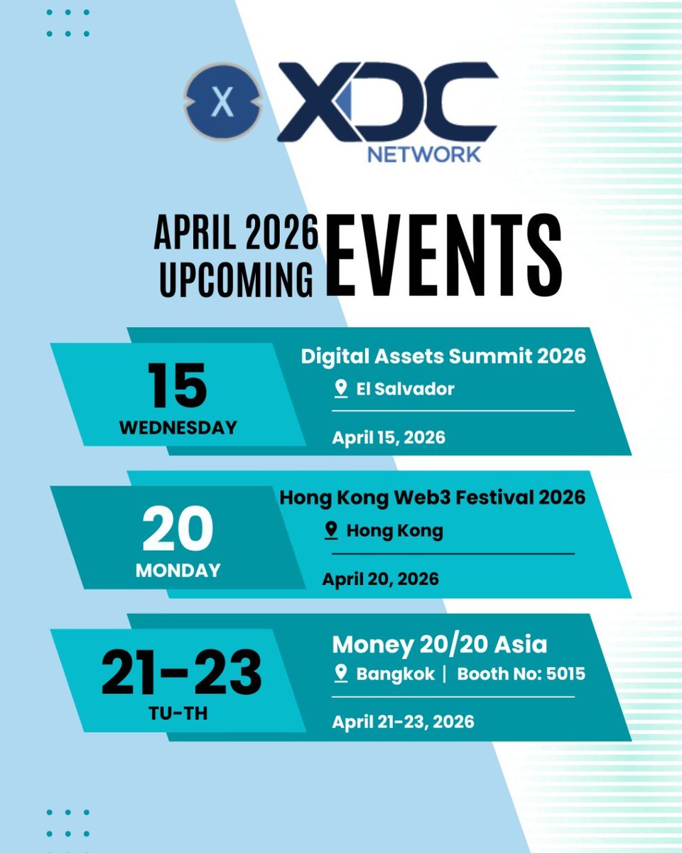 Amid a world that continues to face uncertainty and rapid change, <a href="/XDCNetwork/">XDC Network</a> remains committed to showing up, building, and connecting 🌐

This April, we’re continuing our global journey—engaging with partners, innovators, and communities across key industry events:

📍 Digital
