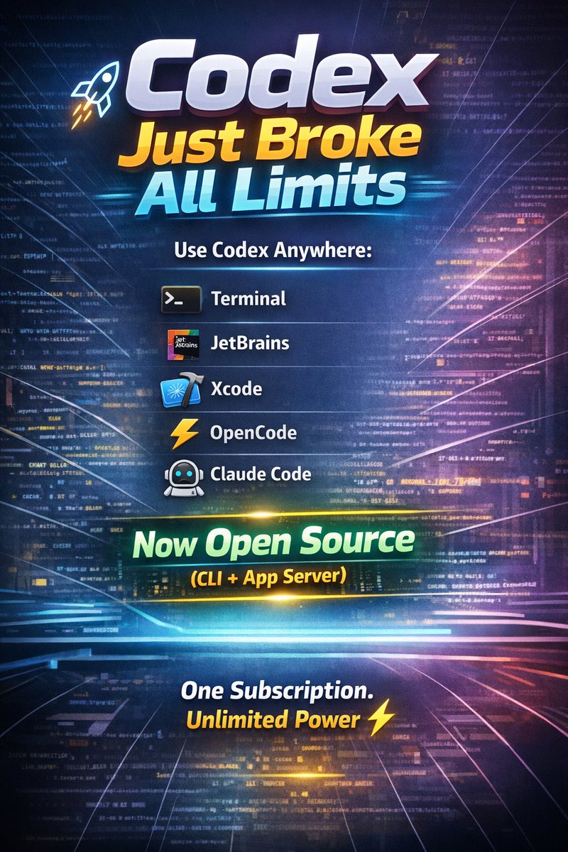 aroosh__here's tweet photo. 🚀 BIG MOVE for developers…🚀 We want developers to use Codex anywhere.
Not just inside ChatGPT…
But in your terminal, your favorite IDEs like JetBrains &amp; Xcode, and tools like OpenCode, Pi, and Claude Code.
💡 One subscription. Unlimited possibilities. https://t.co/TiZ3PngPmV