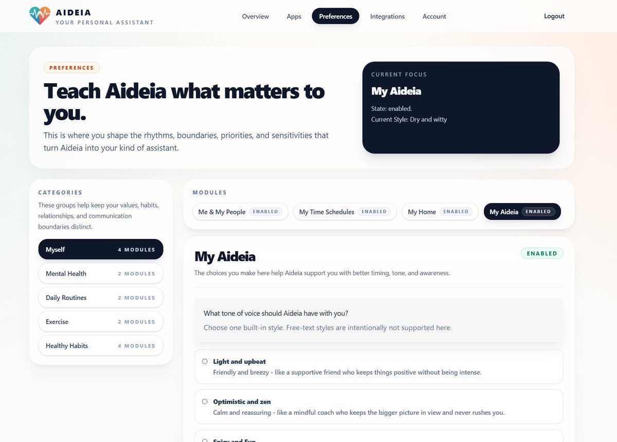 Aideia_ai's tweet photo. Aight, Aideia progress update time!

✅ Comms and Real Life Data:
📱 @telegram , @WhatsApp  & @signalapp 
🔊 @AmazonAlexa  Echo skill (two-way proactive comms) + @Sonos smart speaker support
💓 @ouraring , @fitbit  + Aideia iOS companion app (#AppleHealth auto export & geolocation)
📅 @googlecalendar , @todoist for schedule and todos  
💧 @HidrateSpark  & @UprightPose  (hydration & posture monitoring)

✅ Intelligence & Nudges:
📊 Hourly / daily / weekly biosign rollups with NL commentary & historical context for RAG
📣 Basic Outbound message policy framework:
🌅 Good morning & good night summaries
🚶 Proactive hydration, activity & posture nudges
🏠Location/State: At home? At computer? In bed? (sort of. bit of woowoo. would be trivial with thermal imaging MLX90640 but no hardware for now...)

⚠️ Contentious — privacy engine:
👥 Needs a better presence model: who's around? When can Aideia speak?
🎙️ Went down a dead-end rabbit hole building on-device voice + speaker ID for room-level presence with 7 old android phones + pyannote/segmentation + nemo-titanet_small but mics are too unreliable to depend on (also no hw we said!)
✋ Explicit user boundaries always work as fallback ("my mom's visiting, shut up for 4 hours" ) but meh...

🔧 Actively working... the hard parts:
🔄 Integration data harmonization & deduplication for body (sleep, hidration, nutrition, movement/exercise) & mind  (mindfulness, reflection, cognitive load) domains.
🧠 Conversation handling, routing & intent extraction
💾 Permanent structured memory integration with Hindsight
📓 Journaling module with RAG & memory integration
🎯 Alllll the conversation intent handlers (what does the user want to do?! -> multi-layer intent extraction and modules)

📋 Still open:
⚡ Nudge algo moving breakpoint theory into HCI / opportune moment detection. 
🔗 Slogging through integration hell

⏱️ ETA: ~2 months? Yeah dunno. Gimme 48hrs per day and @claudeai fixing token consumption and @OpenAI extending 2x codex limits.