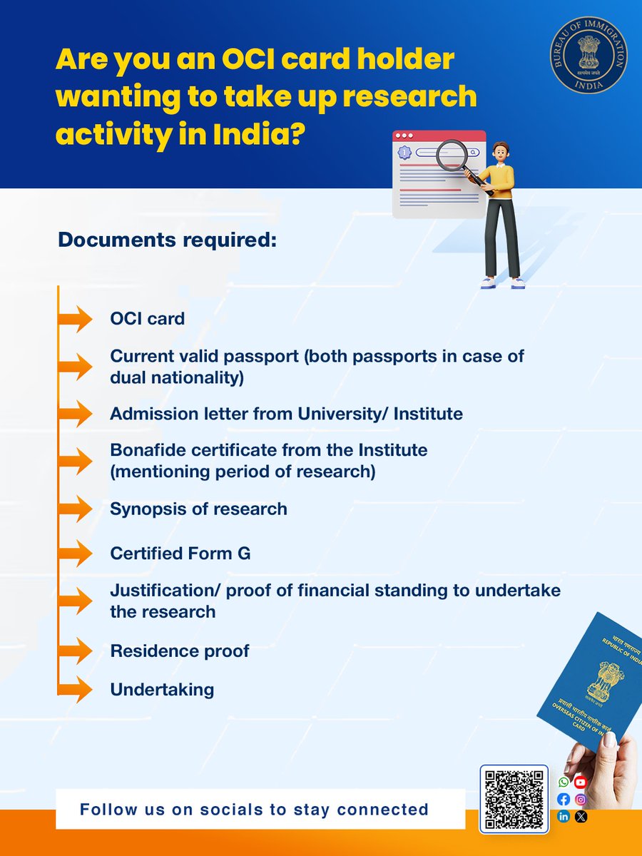 BOIndiaOfficial's tweet photo. Planning research activity in India as an OCI Cardholder?
You will need special permission from the jurisdictional FRRO.
Check the required documents and follow the simple online application process to apply.

Visit https://t.co/f39VjbbU0V

#ocicardholders #ResearchinIndia https://t.co/zb3PxMaZj2