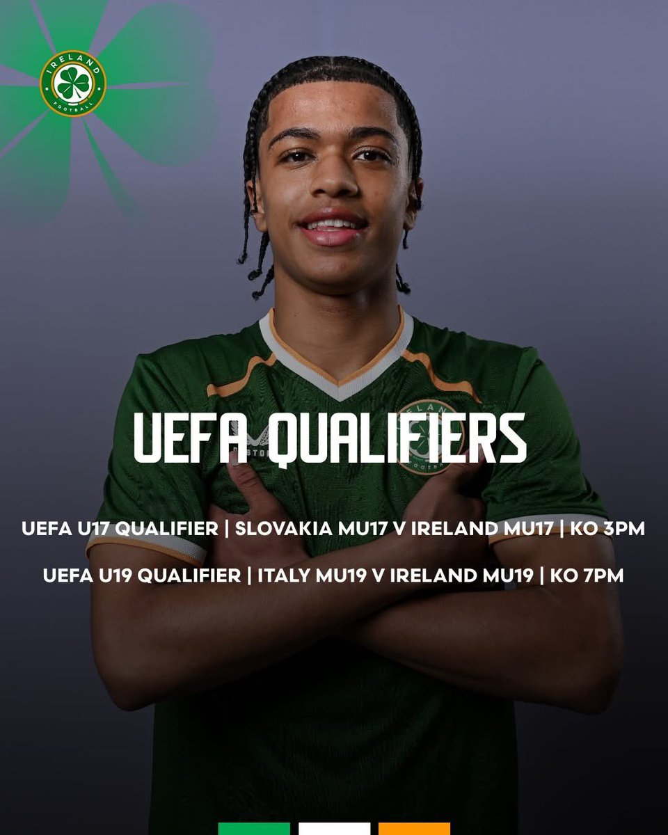 IrelandFootball's tweet photo. Our MU19s and MU17s are in Qualification action today☘️
The U17s can seal a spot at the EUROs World Cup 💚
🇸🇰 v 🇮🇪
⌚️ KO 3pm
📱Updates 👉 https://t.co/BN326A66PP
The U19s face Italy to secure League A status 👌
🇮🇹 v 🇮🇪
⌚️ KO 7pm
📱Updates 👉 https://t.co/1wMCgx5FtY
#COYBIG https://t.co/6XieTIYL17