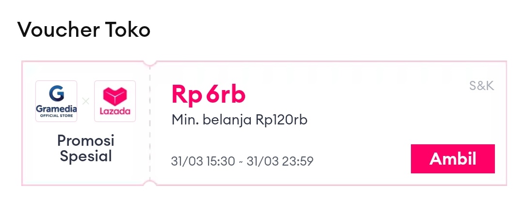 klaim voucher toko Gramedia
s.lazada.co.id/s.ZhcSLx?cc&t=…

klaim di kumpulan voucher di bawah produk
scroll dikit