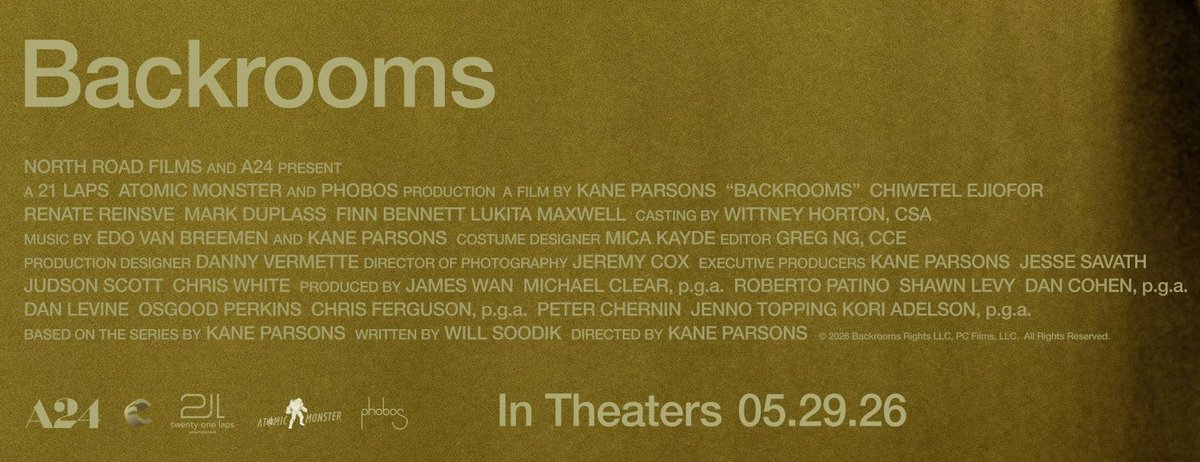 backroomsonline's tweet photo. A high-resolution image of the Renate Reinsve poster has been added to IMDB which includes the credits for the movie. The credits include a couple of names that we haven't seen before including a company called "North Road Films".

Poster Link: https://t.co/SgEyLOukNZ

#backrooms #backroomsmovie #a24