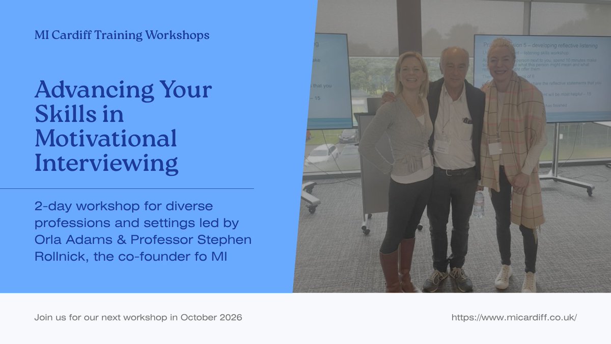 MICardiff's tweet photo. Motivational Interviewing 
**Advancing Practice**
2-day In-person CPD training workshop
Thursday 15th &amp; Friday 16th October 2026
Cardiff, Wales, UK
 
This workshop will build on introductory-level training in MI and support you in advancing your skills. 

https://t.co/21CGD8URVs https://t.co/p6lCENRdWc