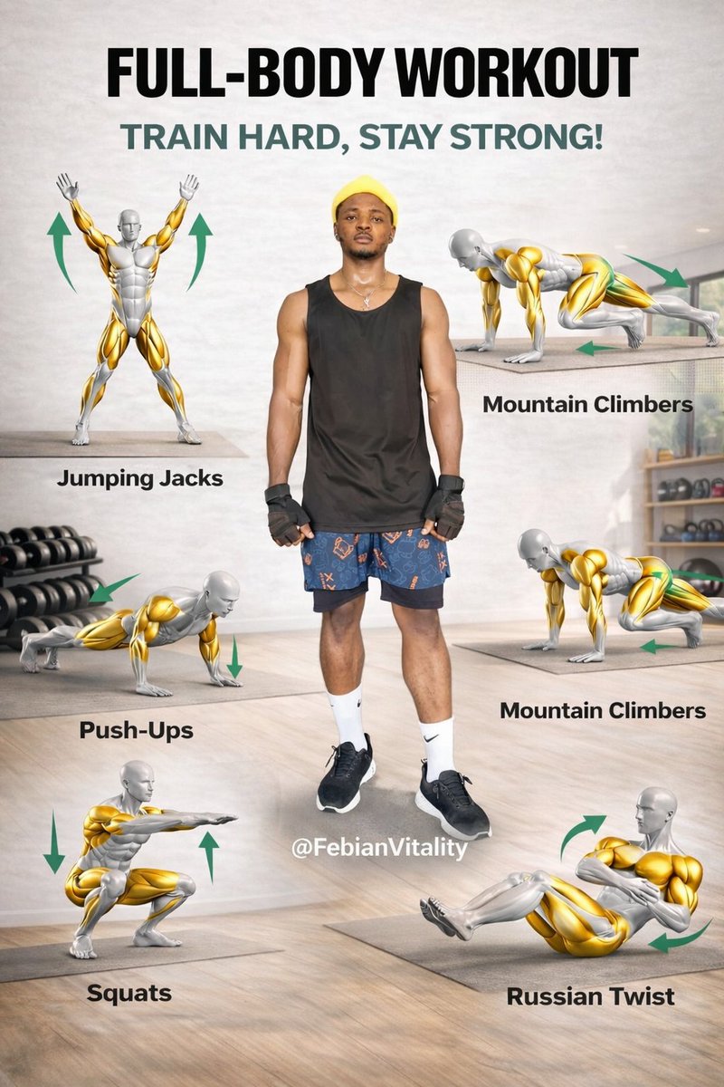 officer_pr46909's tweet image. 🔥 FULL-BODY WORKOUT: TRAIN HARD, STAY STRONG!

No excuses. Just results.

Mountain Climbers
Jumping Jacks
Push-Ups
Mountain Climbers
Squats
Russian Twist
Stay consistent. Stay disciplined. Become unstoppable. 💪
#FitnessMotivation #TrainHard #HomeWorkout #FebianVitality