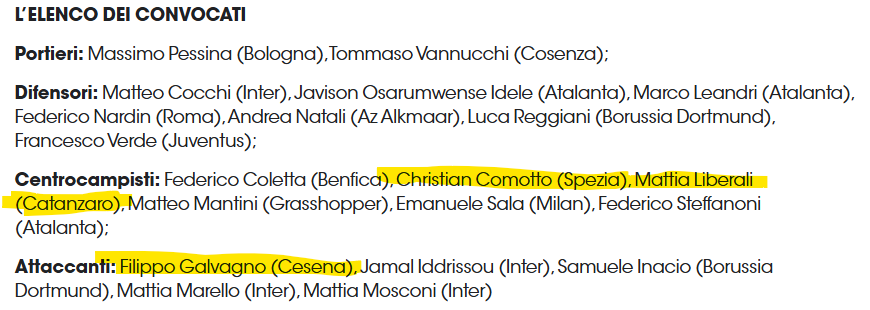 tabellamercatob's tweet image. #Azzurri /1
#Under19
Alle 15:00 #Italia-#Turcia, in diretta su #VivoAzzuroTv
Tre i giocatori #SerieB : i centrocampisti Liberali del #Catanzaro e Comotto dello #Spezia e l'attaccante Galvagno del #Cesena
Convocati e ultime notizie
figc.it/it/nazionali/n…