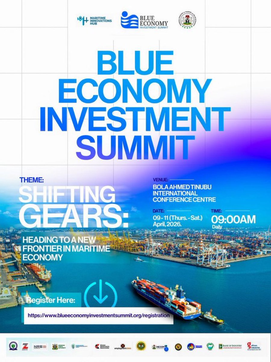 LydiaTeeanaJaja's tweet photo. The blue economy has already proven its strength as a catalyst for transformation. From facilitating over 80% of global trade through maritime transport to expanding opportunities in aquaculture, renewable ocean energy, and marine technology, the sector continues to redefine how nations create wealth and sustainability from ocean resources.

Now, it’s time to accelerate. This summit is where progress meets possibility, unlocking partnerships, investments, and ideas that will power the future of the blue economy.

📍 Venue: Bola Ahmed Tinubu International Conference Centre
📅 Date: April 9–11, 2026
🕘 Time: 9:00 AM Daily

Join the leaders shaping what’s next.

🔗 Register now: https://t.co/DSG6jl7ifL

#BlueEconomy #Maritime #Africa #Investment #Innovation #Sustainability