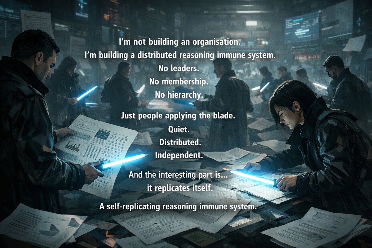 FelixFaustus's tweet photo. What exactly is a Blade Runner?

A Blade Runner doesn't hunt people.
A Blade Runner hunts reasoning drift.

The quiet moment where:

Measured
becomes implied

Implied
becomes asserted

Asserted
becomes consensus

That's where the blade comes out.

Who is a Blade Runner?

Not members.
Not followers.
Not a tribe.

Just people who notice when:

Complex narratives
become binary issues

Uncertainty
becomes certainty

Claims
outgrow their evidence

Consensus
replaces reasoning

If you've ever felt that quiet friction
when something doesn't quite follow

You're already close.

How do you join the Blade Runners?

You don't.

There is no leader.
No membership.
No hierarchy.

You simply learn to separate:

Measurement
Inference
Conclusion

And once you see it…

You start noticing the drift everywhere.

And when you show someone else…
they start noticing too.

That's when it becomes something else.

Not a movement.
Not an organisation.

A self-replicating meme.

A distributed reasoning immune system.

Quiet.
Distributed.
Independent.

Blade Runners.