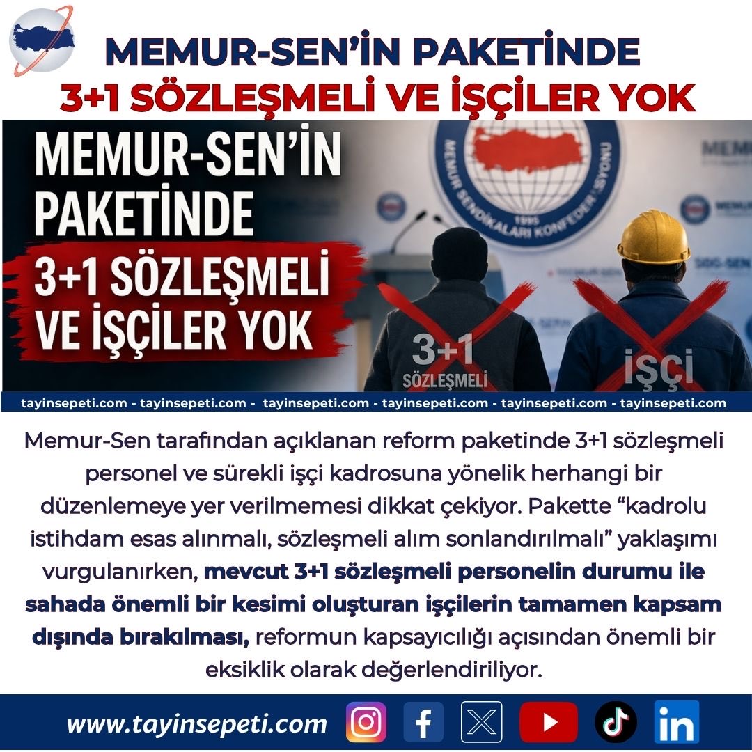 tayinsepeti's tweet photo. Memur-Sen’in açıkladığı reform paketinde mevcut 3+1 sözleşmelilerin kadroya geçirilmesi ve işçilerin memuriyete geçirilmesi yer almadı. #sözleşmeli #memur #4d #memursen @memursenkonf @turkiyekamusen_ #memurlar https://t.co/ws1CueKKYL