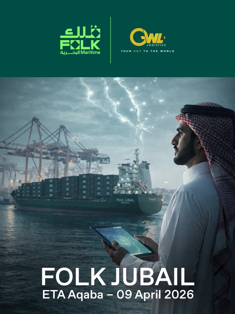 GWL_LOGISTICS's tweet photo. من المقرر وصول سفينة FOLK JUBAIL إلى ميناء العقبة بتاريخ 09 أبريل 2026، مما يعزز خدمات الخطوط الملاحية الإقليمية ويقوي الربط بين أهم المسارات التجارية.

للحجوزات والاستفسارات:
 yazan.alalfi@gwl.com.jo

#FolkMaritime #GoldenWaysLogistics #RedSeaRoutes #LinerServices https://t.co/3xEDuR4QOI