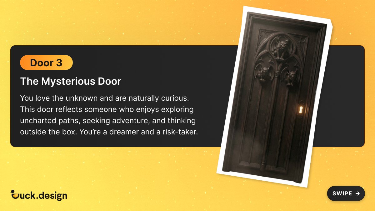 Duckdesignapp's tweet photo. Choose one of the 3 doors and discover what it says about your designer personality! 

Are you a traditionalist, innovator, or risk-taker?

#duckdesign #digitalagency #designperday https://t.co/Q8fLk8WHzC