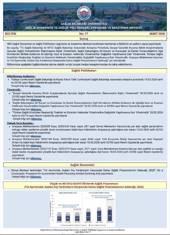 sbusespam's tweet photo. 📊 Sağlık Ekonomisi ve Politikaları Bülteni | No:17 | Mart 2026
🔎 Bu sayıda:
• Uluslararası sağlık anlaşmaları
• Yeni yönetmelikler
• Anayasa Mahkemesi kararları
• Dünya Bankası sağlık finansmanı raporu
📌 Detaylar için bültenimizi inceleyin. 👇 https://t.co/JbbTT4UBo3