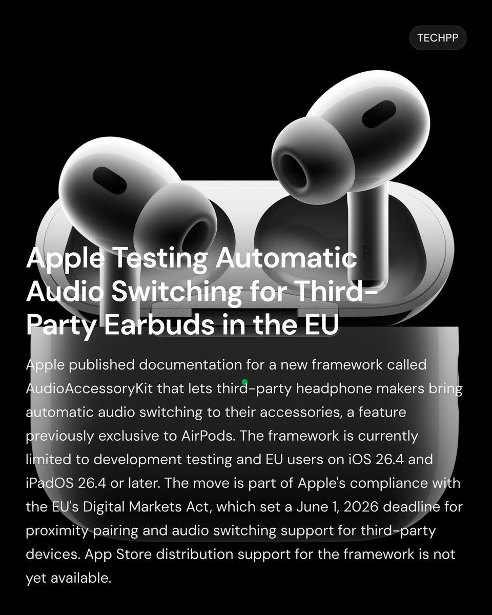 techpp's tweet image. Apple Testing Automatic Audio Switching for Third-Party Earbuds in the EU

#Apple #iOS #Testing #Automatic