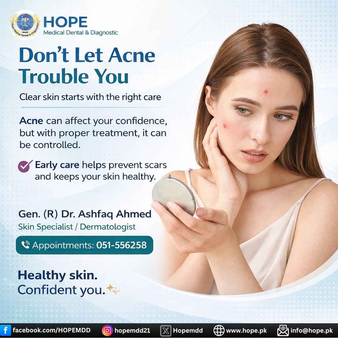 Hopemdd's tweet image. Acne is not just a skin issue, it affects confidence too.
Get expert care and real treatment for clear skin.
📍 Hope Medical Dental &amp;amp; Diagnostic, Rawalpindi Cantt
📞 051-5562258

#AcneTreatment #ClearSkin #Skincare #Dermatology #pakistan