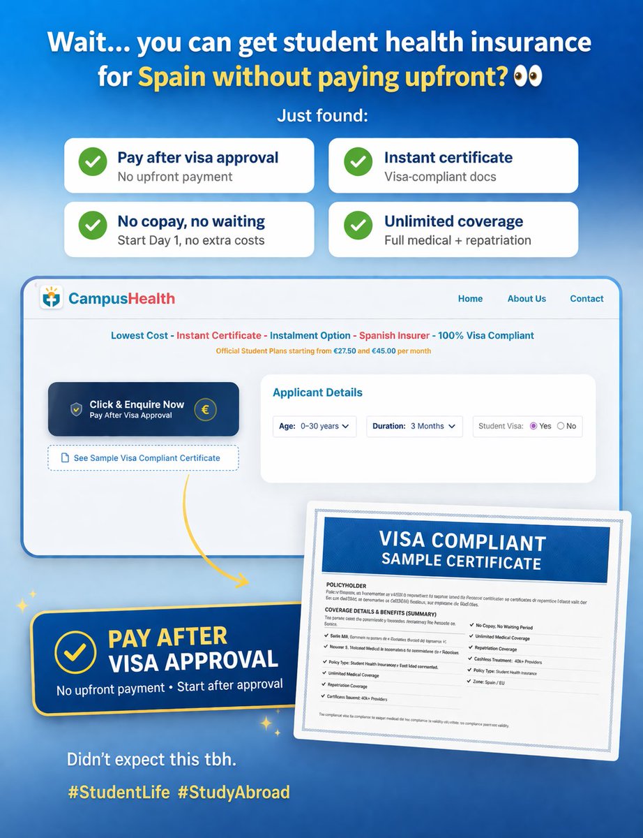 CampusHealthEU's tweet photo. Wait… you can get student health insurance for Spain without paying upfront? 
✔ Pay after visa approval
✔ Instant certificate
✔ No copay, no waiting
Why pay everything before your visa is even approved?
Book now — DM for details.
#StudyAbroad #StudentVisa #Spain https://t.co/oRctaDqZAv