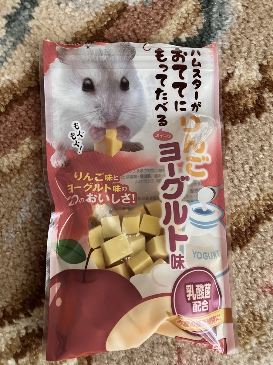 実食！ハムスターのおやつ④
おててにもってたべる　りんごヨーグルト！

最初はまあいける?!と思ったけど後味が苦かったメル〜💦