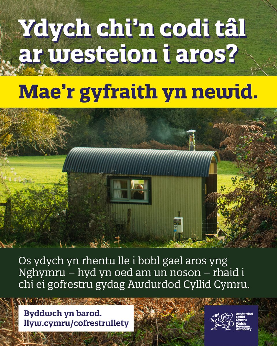 🏠  Os ydych chi'n gosod bwthyn gwyliau, yn rhentu ystafell sbâr, neu'n rhedeg gwersyll, mae’r gyfraith yn newid.  

 🍂O dymor yr hydref 2026 ymlaen, bydd angen i chi gofrestru gydag Awdurdod Cyllid Cymru.  

Paratowch nawr: llyw.cymru/paratowch-i-go…