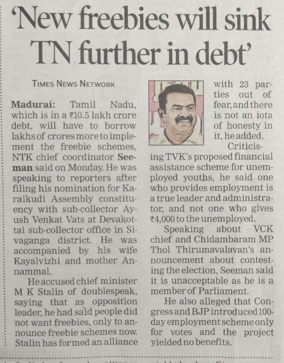Vigneshntkit's tweet photo. @Akshita_N @Seeman4TN @IndiaToday Check his views about freebies which sinks our country in the debt https://t.co/BR92PuMs6o