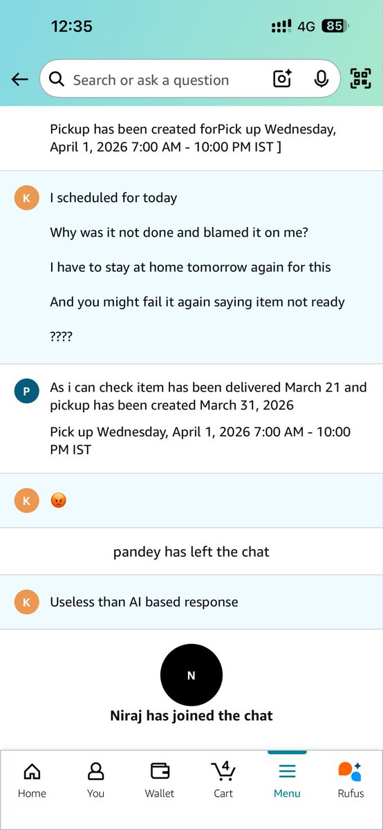 kaviarasans's tweet photo. @amazonIN Another instance of subpar customer service. Pickup missed by Amazon and blamed it on me. Your CS team doesn’t want to acknowledge. Had to waste one hour and then gave up. https://t.co/l3IKtF5HUb