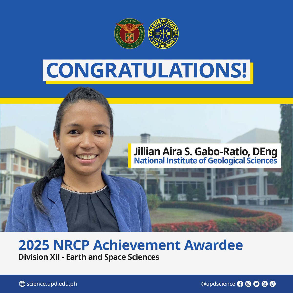 UPDscience's tweet image. Congratulations to Dr. Aurelio A. de los Reyes V of IM and Dr. Jillian Aira Gabo-Ratio of NIGS for being among the thirteen Filipino researchers recognized at the DOST-NRCP 2026 Annual Scientific Conference (ASC) and 93rd General Membership Assembly (GMA)!
