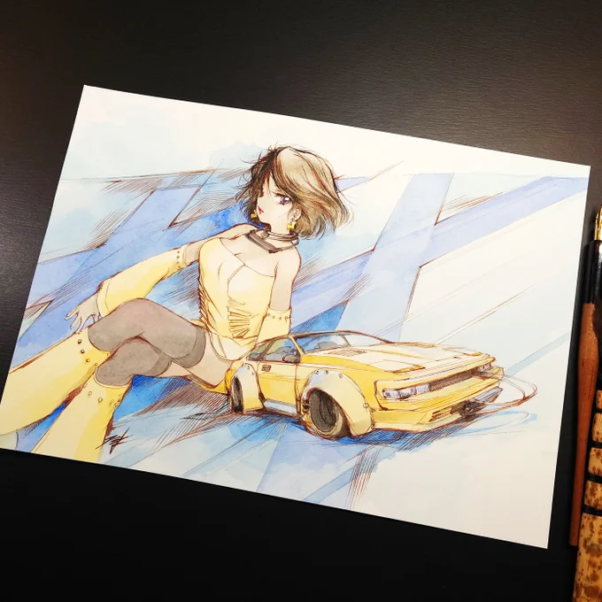 アメリカのX民はやっぱ車好きが多いですねー。これもアメリカの方からの依頼で描いた、車と車の擬人化絵です。透明水彩