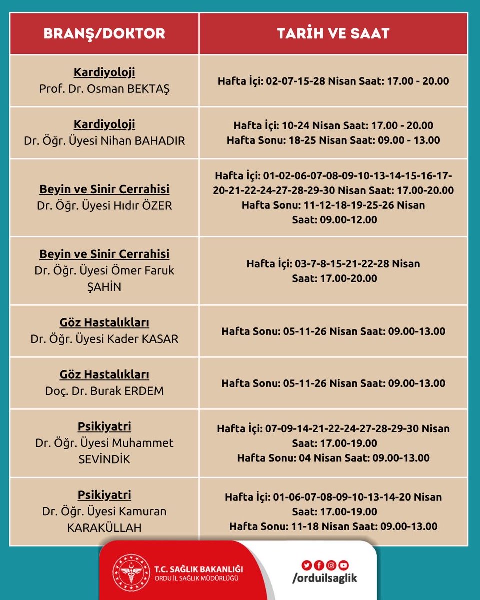 OrduEAH's tweet photo. Hastanemiz Nisan Ayı mesai dışı polikliniklerimizle vatandaşlarımızın hizmetindeyiz. https://t.co/H6NagglvXb