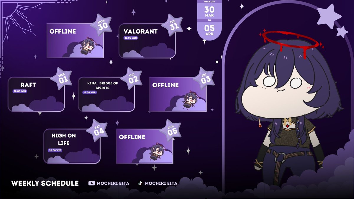 eita_wee's tweet photo. 🔮WEEKLY SCHEDULE✨
(30 MAR - 05 APR 2026)
YAHOOOO!!! jadwal seminggu ini guys~
🔮HASHTAG✨
General : #mochikieita
LIVE : #eitalive
Art : #eitart
NSFW : #yabei
Meme : #momeme
Clips : #ei_clipsFan
name : #mochilock https://t.co/hGK5xZLCNI