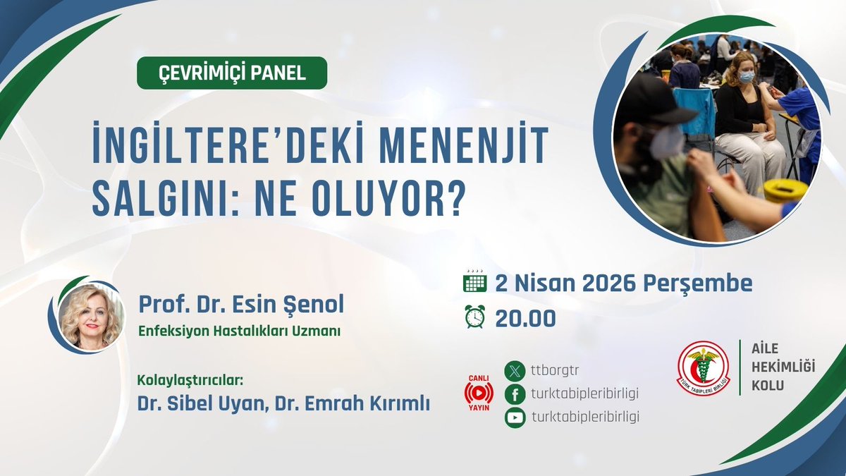 📢 Çevrimiçi Panel

İngiltere'deki Menenjit Salgını: Ne Oluyor?

Konuşmacı:
🎙 Prof. Dr. Esin Şenol
Kolaylaştırıcılar:
🎙 Dr. Sibel Uyan, Dr. Emrah Kırımlı

🗓 2 Nisan 2026 Perşembe
⏰ 20.00
📽 TTB Sosyal Medya Kanallarından Canlı