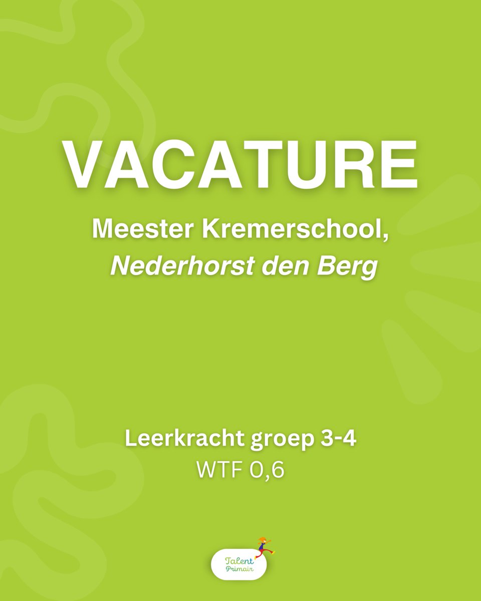 Bouw jij mee aan de eerste letters, woorden en dromen? 💭

De Meester Kremerschool zoekt een leerkracht voor groep 3-4 (0,6 fte). Kleinschalig, betrokken en met een hecht team waarin je echt het verschil maakt.

🔗 werkenbijtalentprimair.nl/leerkracht-gro…

#vacature #onderwijs #nederhorstdenberg