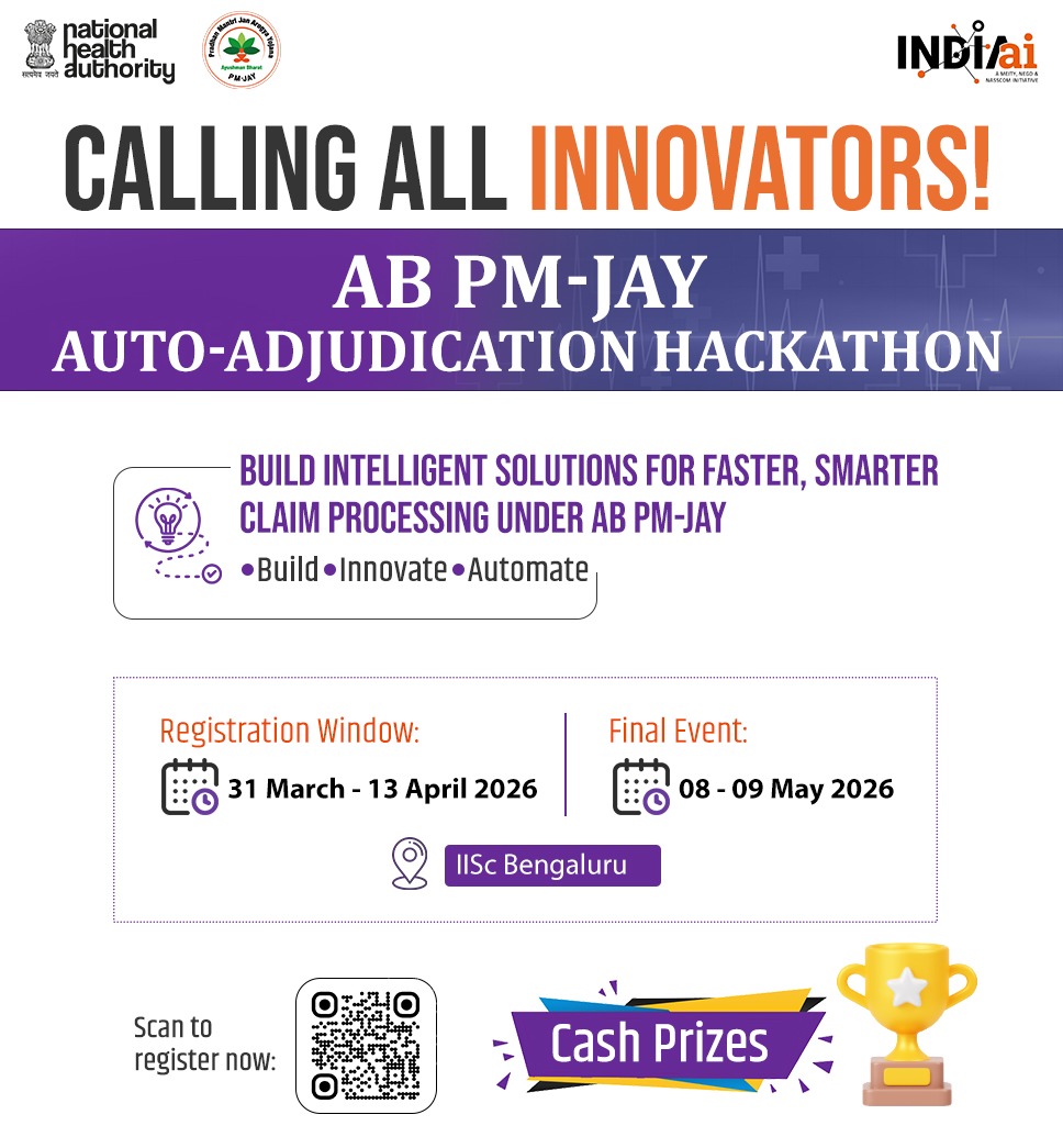 Claims processing—faster, smarter, automated. That’s the challenge! 

Participate in the AB PM-JAY #AutoAdjudicationHackathon and build what healthcare needs next.

📅 Register: 31 Mar – 13 Apr
🏁 Finale: 8–9 May | IISc Bengaluru

Scan to register now!