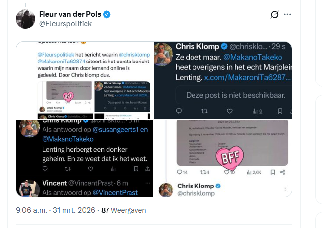 Ja, <a href="/Fleurspolitiek/">Fleur van der Pols</a>, het is heel erg dat ik <a href="/MakanoTakeko/">Makano ৻ꪆ Takeko</a> na maanden van walgelijke laster Marjolein Lenting heb genoemd. Heel erg.

Veel erger natuurlijk dan iemand zonder enig bewijs neerzetten als kindermisbruiker of mensen vragen om foto's van zijn minderjarige dochter op te
