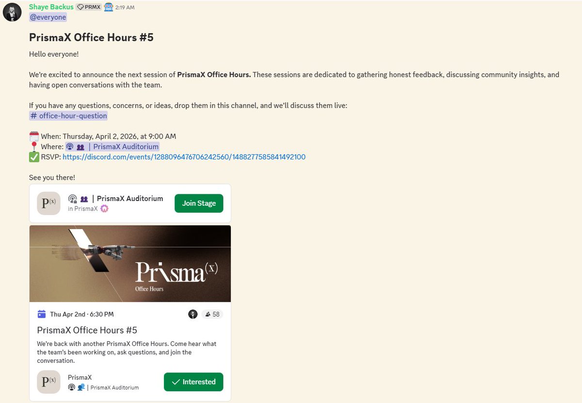 x_harix07's tweet photo. gPrisma !

PrismaX Office Hours 

Just a quick reminder for anyone following PrismaX Office Hours 5 is coming up soon.

Date: April 2, 2026
Time: 09:00 AM (UTC)

these sessions are usually the best place to hear directly from the team, from product updates to future direction and ongoing improvements.

it’s also a good chance to ask questions, share feedback and understand how things are evolving behind the scenes.

if you’ve been keeping up with Prismax, definitely worth joining this one.

@PrismaXai @RoboCon_AI @shayebackus