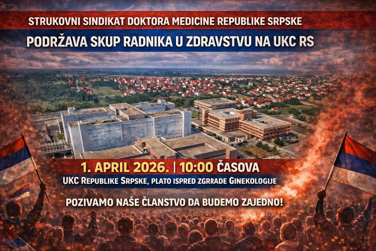 ZSsdmrs's tweet photo. Strukovni sindikat doktora medicine RS se odaziva na skup radnika u zdravstvu na UKC RS.
Pozivamo članstvo da učestvuje prema mogućnostima.
 📅01.04.2026. 🕙 10:00h #ZdravstvoRS #UKC https://t.co/Wwgu4OKyBD