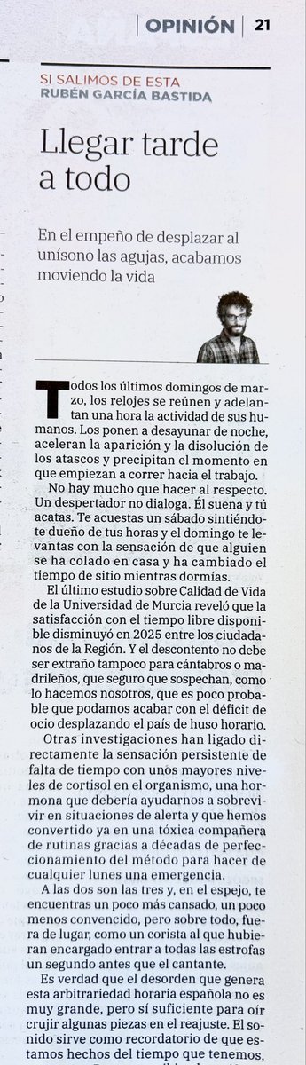 Queda inaugurada la mitad del año en que podemos llegar tarde a todo una hora antes

La columna del martes 
#SiSalimosDeEsta ⬇️

laverdad.es/opinion/ruben-…