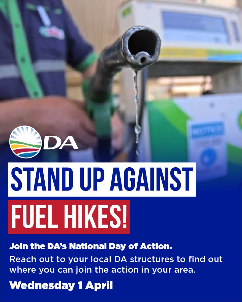 Our_DA's tweet photo. 📣 South Africans can’t afford another fuel hike! This Wednesday, the DA takes a national stand to demand a 50% fuel levy cut for real relief.

📍 Join us in fighting for lower fuel costs. Reach out to your local DA structures to find the nearest protest action. https://t.co/rQS9glPn73