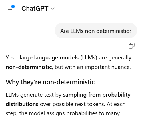 andychiare's tweet photo. ChatGPT claims to be non-deterministic, and most of us believe it.
But is that really the case? Are LLMs truly non-deterministic?

I’ve written down a few thoughts on the subject: https://t.co/dTLBVqfPWb

#ai #llm https://t.co/Ehr9OE15sT