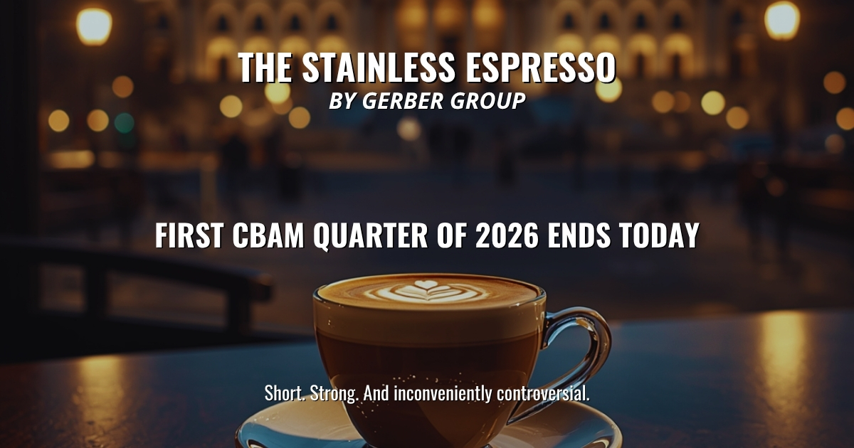 SteelnewsB's tweet image. First CBAM Quarter of 2026 Ends Today – Stainless Espresso 
Learn more: steelnews.biz/first-cbam-qua…

#steel #steelmarket #steelnews #cbam #steelindustry #sme #stainlessespresso #stainlesssteel #tariffs #eu #wto #ecommerce