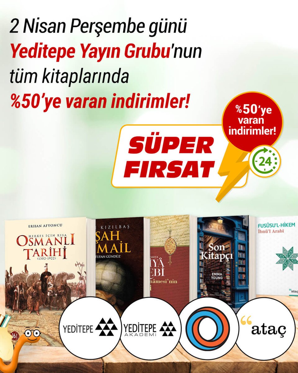 kitapyurducom's tweet photo. 🛍 Sepetleri Hazırlayın 🙌
📆 2 Nisan Perşembe günü Yeditepe Yayın Grubu’nun tüm kitaplarında %50’ye varan indirimler Kitapkurtlarını bekliyor 💥
https://t.co/dvpXsdyNmi
#KitapYurdu #YeditepeYayınGrubu #KitapKurtları https://t.co/lIsWNKPyOP