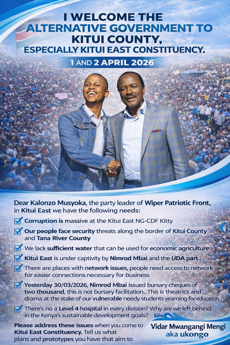 itsvidar's tweet photo. I welcome  and the Alternative Government to Kitui County. 

Kitui East faces serious challenges: corruption in NG-CDF, insecurity along the Tana River border, water shortage, poor network coverage, weak bursary support, and lack of Level 4 hospitals.

@skmusyoka https://t.co/4nEbd4JhuE