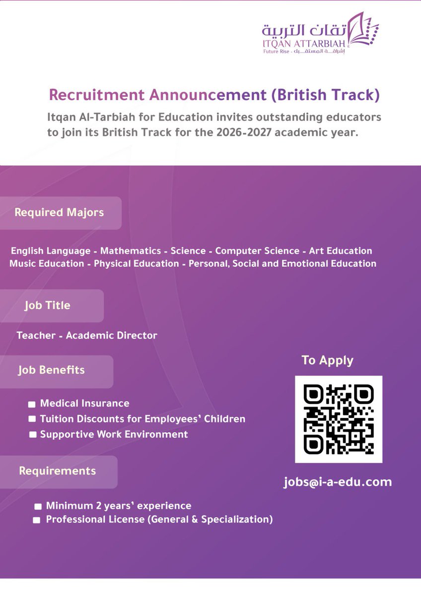 We are excited to announce new job opportunities for the British Curriculum for the upcoming academic year 2026–2027 🇬🇧✨

We are looking for passionate and qualified educators to join our growing team and be part of a future-focused learning environment.

If you’re ready to