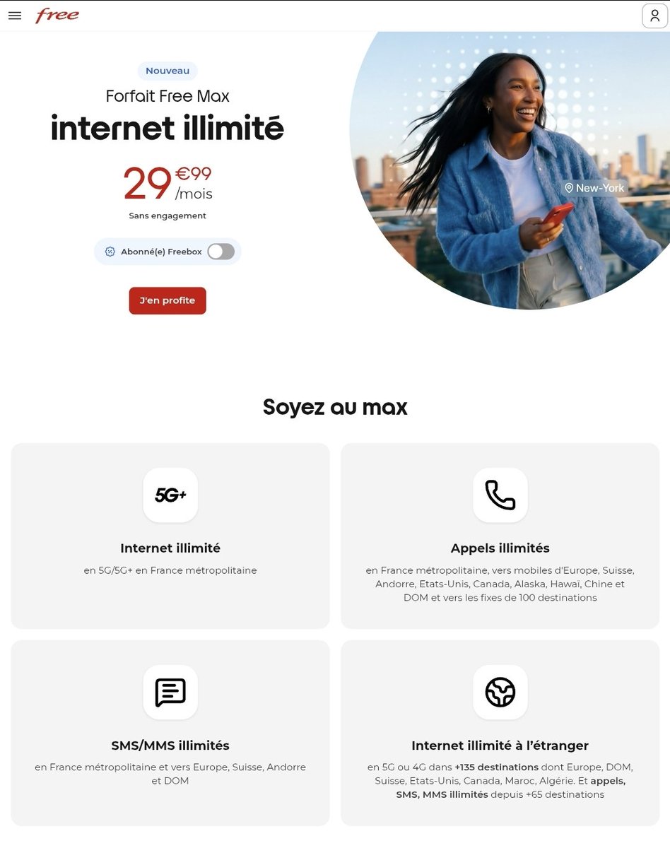 😱 Nouveau forfait Free Max avec internet illimité en France et dans 135 destinations. On va en entendre parler 😂
C'est déjà dispo sur le site. Bon bah... Merci <a href="/free/">Free</a> 🥰