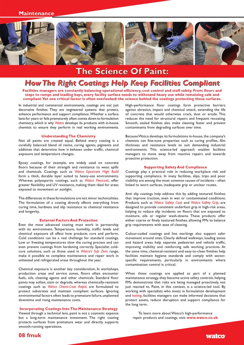 FMUKmagazine1's tweet image. Latest Issue 📰: Watco explains the science of #paint – coatings are not just decorative finishes, but engineered systems that #protect, enhance #performance and support #compliance.

➡️fmuk-online.co.uk/the-science-of…
#facman #FacilitiesManagement #FM #Industrial #safety #efficiency