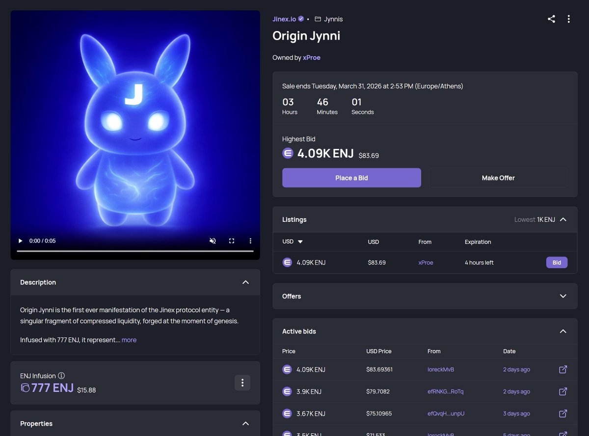🔵 Reminder

Less than 4 hours remain for the Origin Jynni (nft.io/asset/4423-100…) (1/1) Auction to end 🧑‍⚖️

Origin Jynni Infusion: 777 ENJ
Starting bid: 1,000 ENJ
Highest current bid: 4,095 ENJ

Place your bid: nft.io/asset/4423-100…
