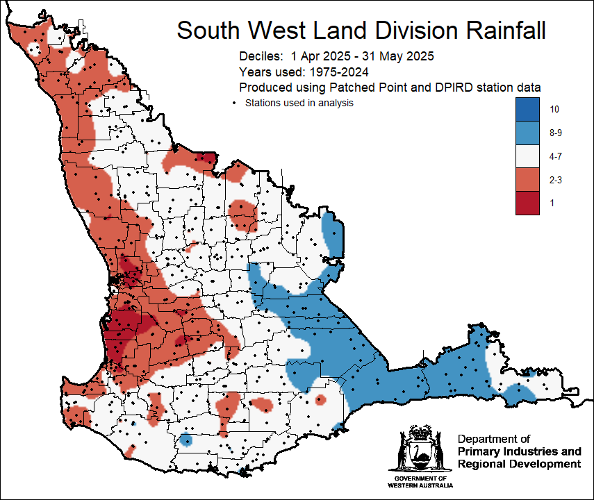 MeredithGuthr15's tweet photo. April marks the beginning of the Noongar season Djeran - becoming cooler with winds from the south-west. Here is average rainfall map for Djeran for 2000-2025 and decile map of what happened last season. @DPIRDbroadacre #climate https://t.co/TZ6dEInlkE